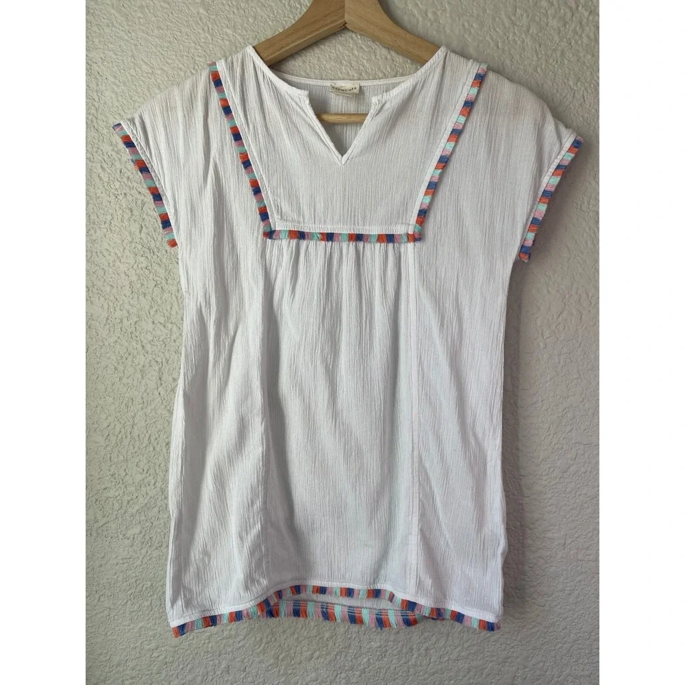 Crewcuts Girls White Dress/Coverup Size S‎ Short Sleeve Colorful Trim Cotton